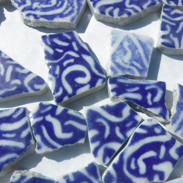 White Squiggles on Deep Blue Chunky Porcelain Mosaic Tiles - Half Pound