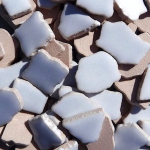 May include: A collection of irregular-shaped ceramic tiles. The tiles are a mix of light blue and tan, with a slightly rough, textured appearance. The blue tiles have a glossy finish, while the tan ones appear matte.