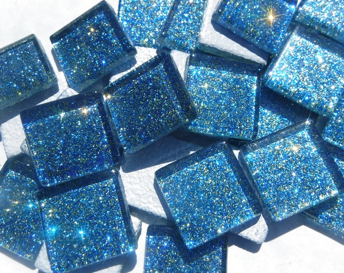 Blue and Gold Glitter Glass Tiles - 20mm - Set of 25