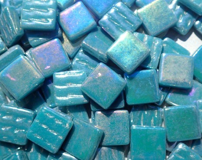 Deep Teal Iridescent Glass 12mm Square Tiles - 50g