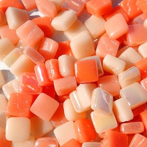 Peach Mix Mini Glass Mosaic Tiles - 8mm - 50 grams - Mix of Bright and Pale Orange Iridescent and Matte Squares