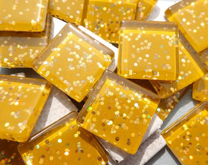 Harvest Gold Glitter Tiles - 20mm Mosaic Tiles - 25 Metallic Glass Tiles with Chunky Gold Glitter