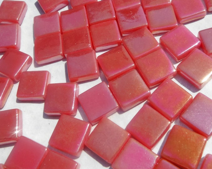 Watermelon Red Iridescent Glass Square Tiles - 12mm  - 50g