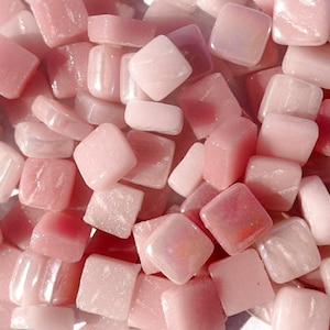 Tickled Pink Mix Mini Glass Tiles - 8mm Square - 50 grams Opaque Glass Solid Color Mix of Shabby Pink Iridescent and Matte Tiles