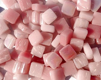 Tickled Pink Mix Mini Glass Tiles - 8mm Square - 50 grams Opaque Glass Solid Color Mix of Shabby Pink Iridescent and Matte Tiles