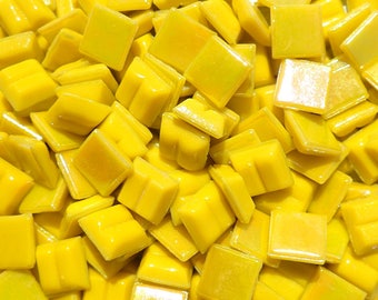 Lemon Yellow Iridescent Venetian Glass Tiles - 1 cm - Approx 3/8 inch - Mosaic Tiles - 100 grams