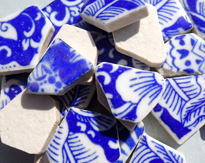 Blue and White Chunky Floral Mosaic Tiles - Half Pound