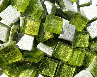 Lime Green Tiny Glitter Tiles - 1 cm - Use for Mosaic Jewelry Crafts - 100 Metallic Tiny Glass Tiles - Kids Projects