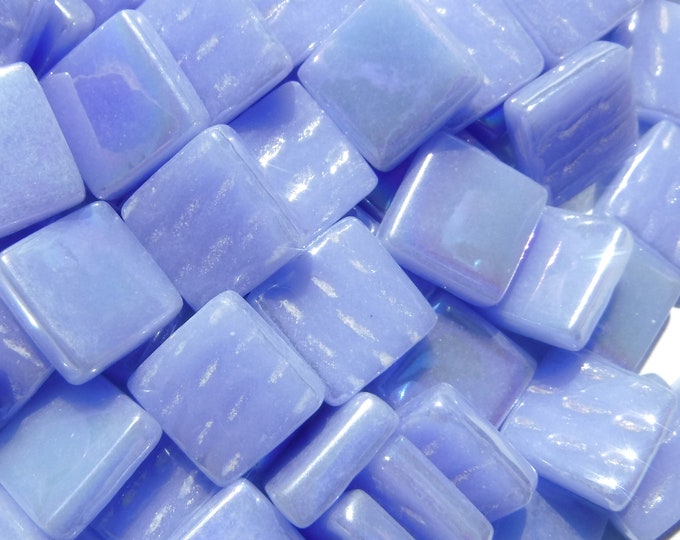 Pale Blue Iridescent Glass Squares - 12mm - Opaque Glass Solid Color - 50g