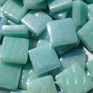 Light Teal Iridescent Glass Square Mosaic Tiles - 12mm - Opaque Glass Solid Color - 50g - Approx 35 Tiles