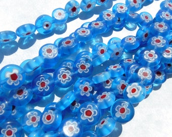Blue and Red Millefiori Glass Beads -  10mm