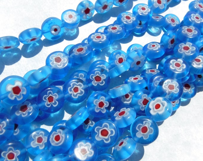 Blue and Red Millefiori Glass Beads -  10mm