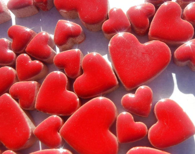 Red Hearts Ceramic Tiles - 50g in Mix of 3 Sizes - 20mm, 15mm, 10mm