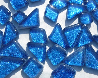 Blue Glitter Puzzle Tiles - 100 grams in Assorted Shapes Glass Mosaic Tiles in Medium Blue