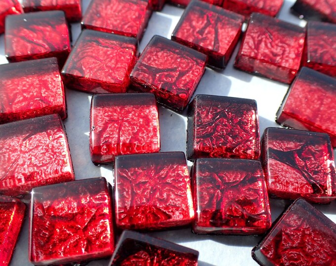 Red Foil Mini Square Tiles - 10mm - 50g Metallic Glass Tiles in Garnet - Approx 50 Tiles