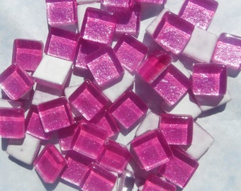 Hot Pink Foil Square Crystal Tiles - 12mm - 50g Metallic Glass Tiles in Deep Cotton Candy Pink - Approx 25 Tiles