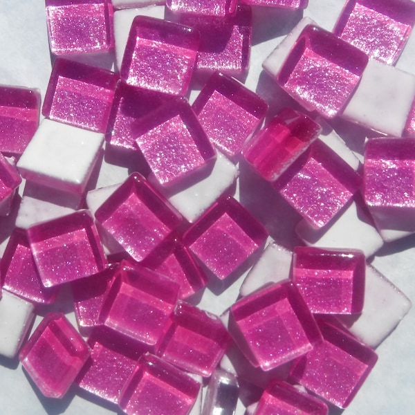 Hot Pink Foil Square Crystal Tiles - 12mm - 50g Metallic Glass Tiles in Deep Cotton Candy Pink - Approx 25 Tiles