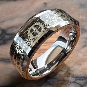 タングステンカーバイド製ギアホイールリング：ブルーカーボンファイバーインレイ、メンズ結婚指輪