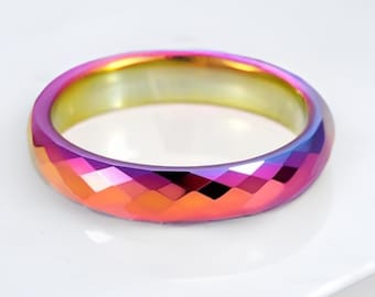 Rainbow Tungsten Carbide Wedding Band 4mm | Polyhedral Ring for Men & Women Comfort Fit Jewelry