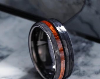 Men's Tungsten Carbide Ring, Hammered Black Plated Band, Wood Inlay, Domed Wedding Engagement Band