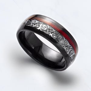 Black Tungsten Ring | Red Guitar String Inlay Triple Spiral Design Wedding Band