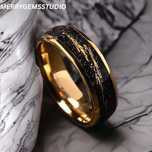 8mm Black Tungsten Ring – Sandblasted Stone Texture – Gold Foil Inlay Wedding Band – Engagement Ring for Men & Women