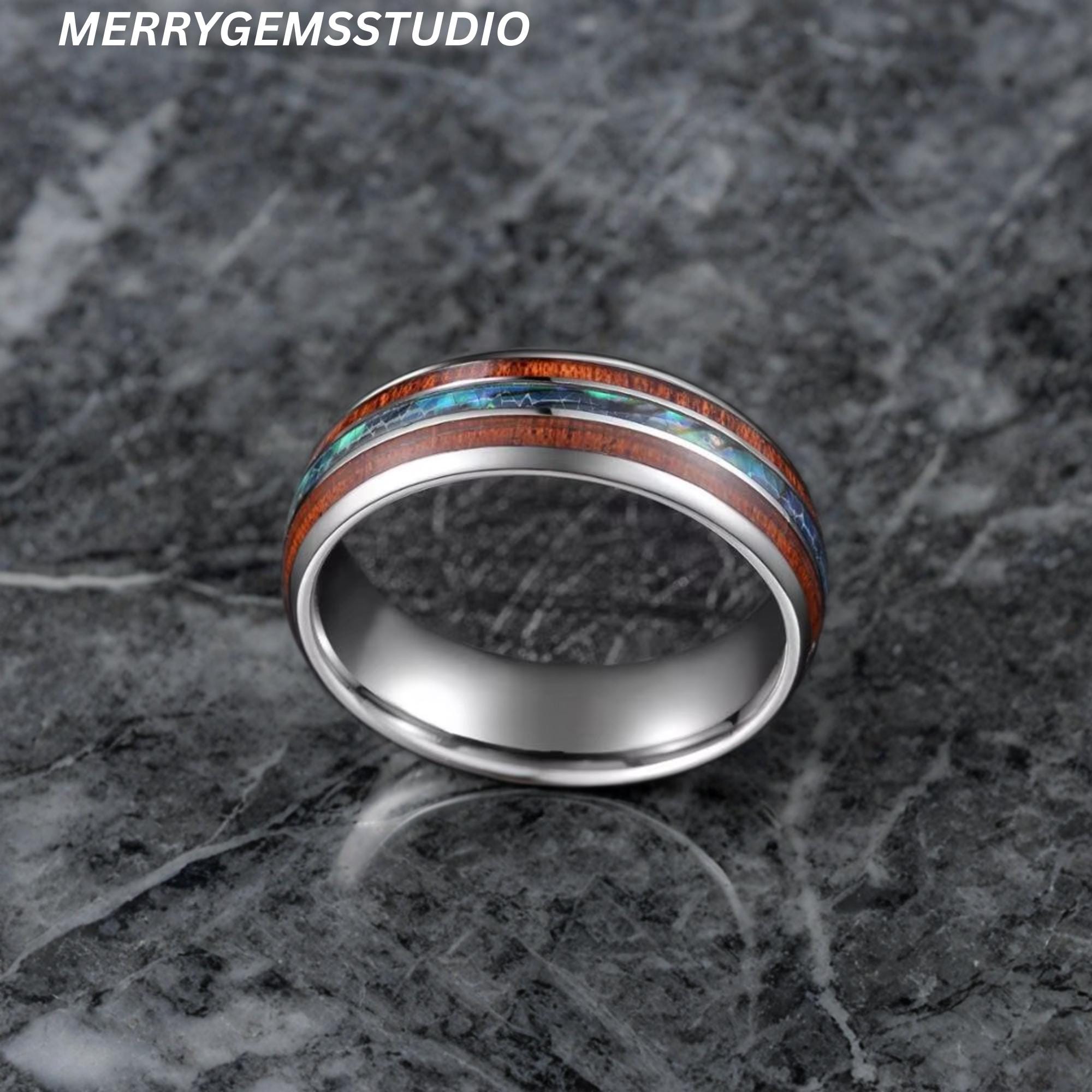 Anello In Legno Di Koa Con Conchiglia In Abalone Da Uomo Inciso - Foto 7