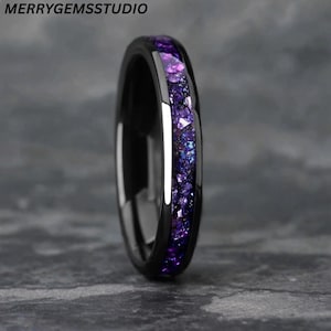 Black Tungsten Ring 4mm | Purple Amethyst & Blue Gravel Inlay Band