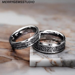 Celtic Knot Tungsten Wedding Band | Silver & Black Carbon Fiber Inlay Ring Free Engraving