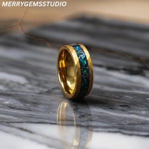 8mm Gold Hammered Tungsten Ring for Men  Green Opal & Meteorite Inlay | Vintage Style Unisex Wedding Band, Engagement or Anniversary Present