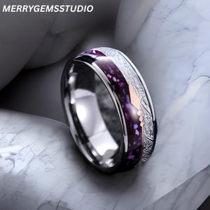 8mm Rose Gold Arrow Tungsten Ring – Purple Agate  Meteorite Inlay – Domed Wedding Band for Men & Women – Polished Engagement Ring