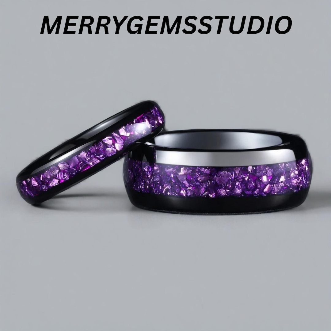 8mm/4mm Purple Amethyst Inlay Tungsten Carbide Wedding Engagement Ring ...