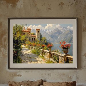 Dipinto villa sul lago paese di montagna