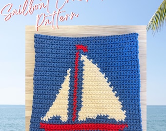 May include: A blue crochet square featuring a sailboat design with white sails and a red mast and hull. The text "Sailboat Crochet Pattern" is written in cursive. The image is set against a beach background.
