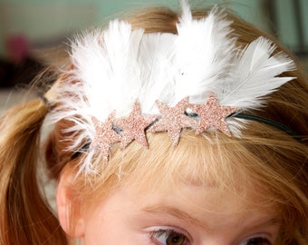 Free Spirit skinny elastic headband with feathers and 100% pure pink blush german glass glitter stars any size!