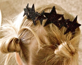 Black pure glass glitter sparkle STAR CROWN skinny metal HEADBAND hair piece with large and small stars fits all ages