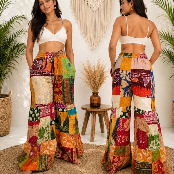 Vintage Kantha Patchwork Palazzo Pants, Boho Wide Leg Trousers, Handmade Cotton Lounge Pants, Hippie Festival Pants, Plus Size