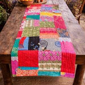 Boho Patchwork Table Runner,Handmade Cotton Vintage kantha Quilted Dining cloths,Sustainable Textile Artisan Linen