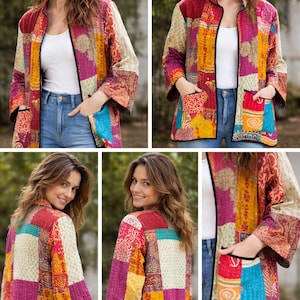 May include: A long-sleeved jacket featuring a patchwork design with various colorful patterns in shades of red, yellow, pink, and blue. The jacket has a black trim along the open front and two front pockets, with visible quilted stitching.
