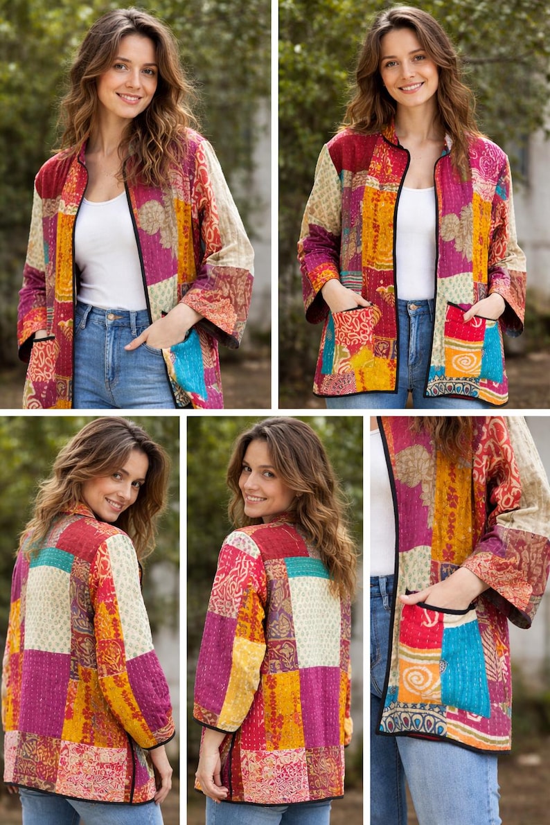 May include: A long-sleeved jacket featuring a patchwork design with various colorful patterns in shades of red, yellow, pink, and blue. The jacket has a black trim along the open front and two front pockets, with visible quilted stitching.