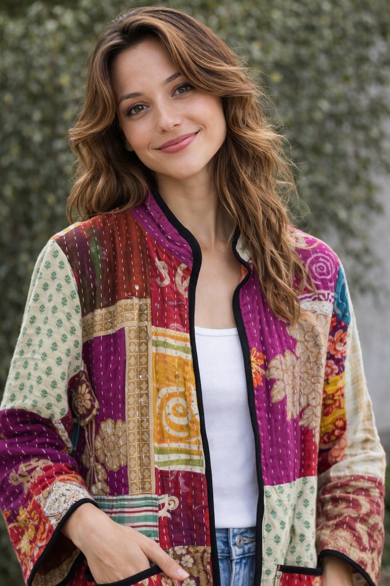 May include: A long-sleeved quilted jacket featuring a patchwork design with various floral and geometric patterns in shades of magenta, cream, yellow, and red. The jacket has a black trim along the front opening and a white tank top underneath.