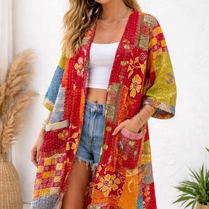 Boho Kantha Kimono Free Size : Vintage Patchwork Cotton Robe Bohemian Style,Sustainable Fashion
