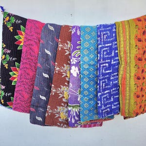 Vintage Sari Kantha Cotton Quilt - Boho Bedspread Throw - Recycled Handcrafted Blanket