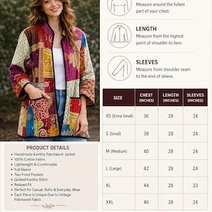 May include: A Kantha patchwork jacket featuring a multicolored quilted design with two front pockets and full sleeves. The image includes a size chart with measurements in inches, product details, and icons illustrating features like cotton fabric.