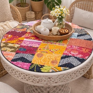 Boho Kantha Round Table Runner | Handmade Quilted Table Cloths | Vintage Colorful Patchwork Table Cover | Sustainable Home Decor