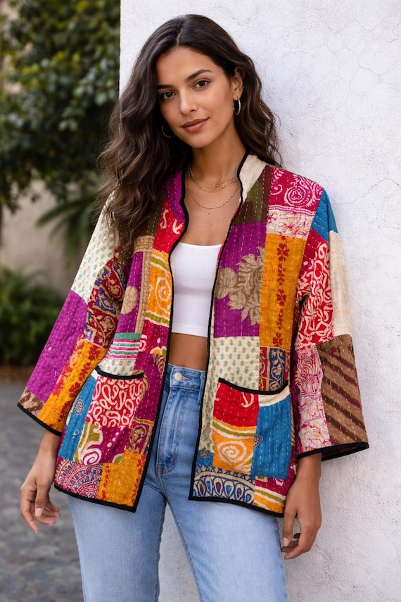 Kantha Jacket : Boho Patchwork Handmade Quilted Cotton Coat Vintage Indian Jackets Sustainable Bohemian Wear
