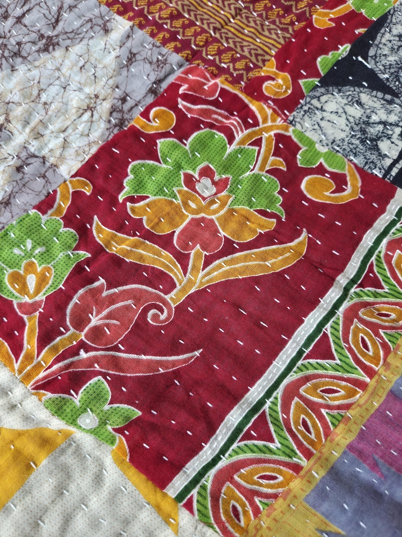 Camino de mesa estilo boho patchwork, manteles de algodón vintage acolchados kantha hechos a mano, lino artesanal textil sostenible imagen 9