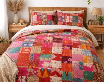 Vintage Kantha Quilt Handmade Patchwork Blanket Cotton Boho Bedspread Reversible Throw Indian Gudri Bed Cover Queen Size
