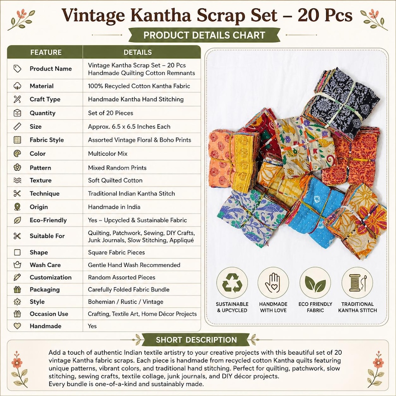 May include: A set of 20 vintage Kantha fabric scraps, each approximately 6.5 x 6.5 inches. These handmade, upcycled pieces feature assorted floral and boho prints in a multicolor mix, perfect for quilting and crafting projects.