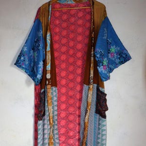 Vintage Silk Sari Patchwork Kimono Robe | Handmade Boho Long Duster | Upcycled Silk Festival Jacket | Women's Bohemian Cover Up